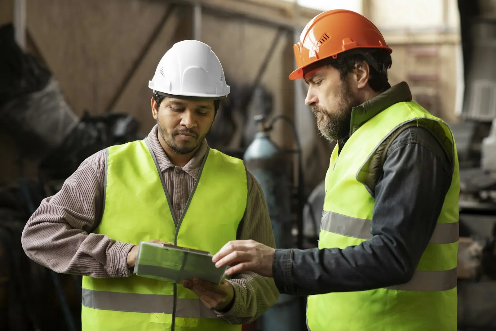 Instruktor BHP omawia zasady bezpieczeństwa z pracownikiem w hali
